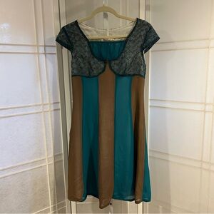 Vintage-Inspired Teal & Brown Lace Bodice Chiffon Dress – Size S/M